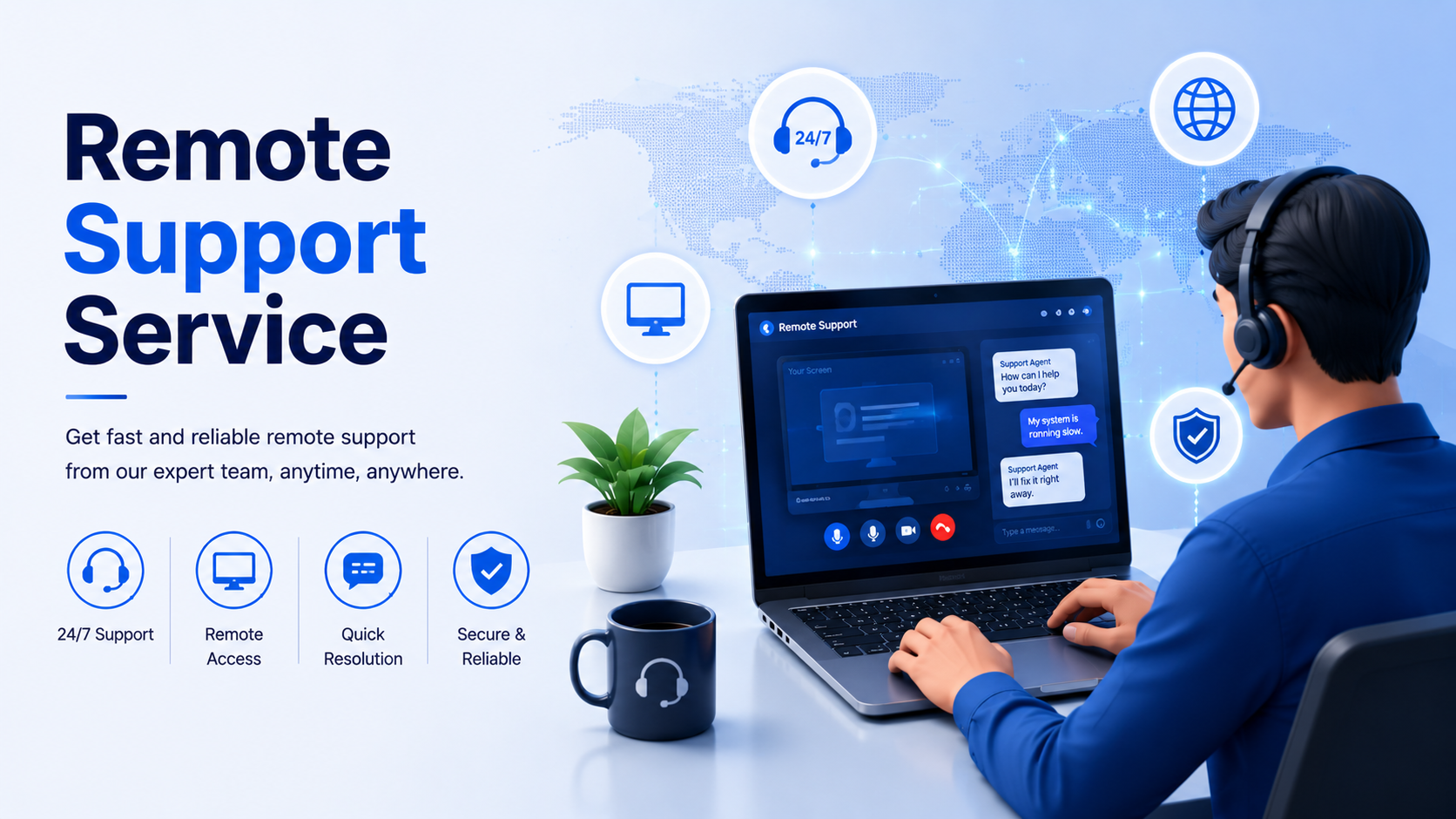 Remote support service visual with online support agent and laptop